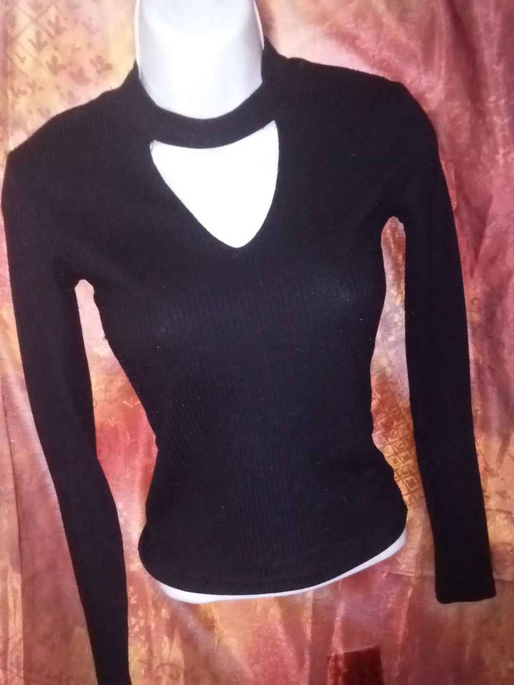 Aeropostale Black Long Sleeve Knit Top with Unique Choker V-neck Design
